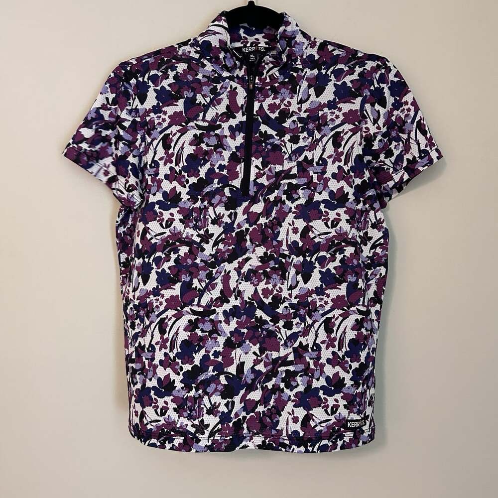 Kerrits Girls XL Purple Floral 1/4 Zip Horse Riding Short Sleeve Mock Neck Top
